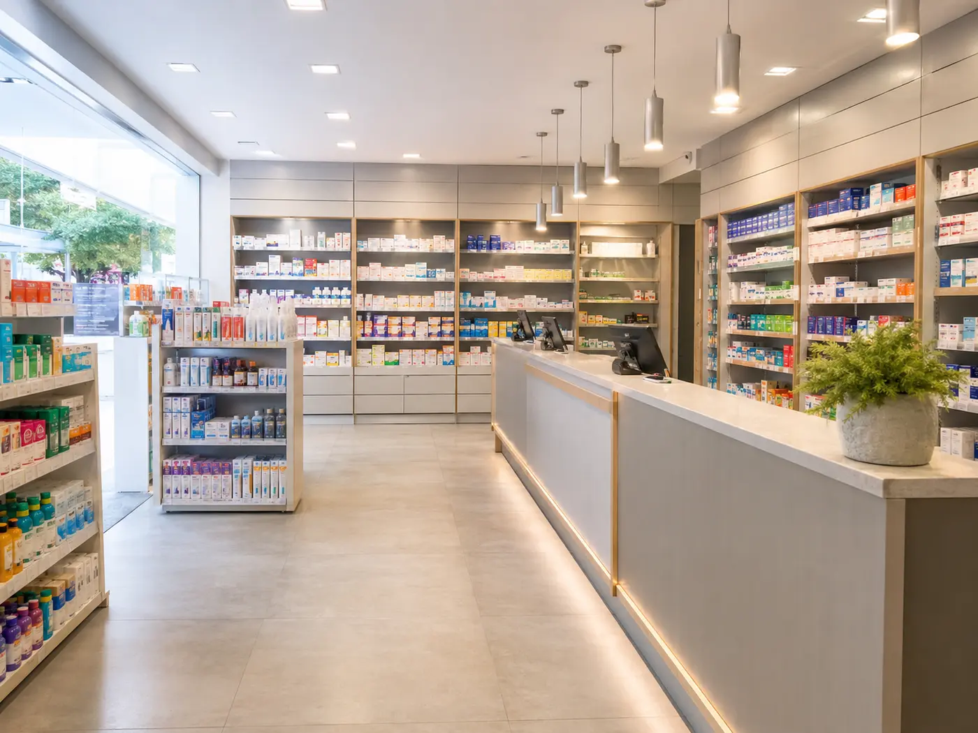 Interior de uma farmácia com medicamentos e produtos de saúde